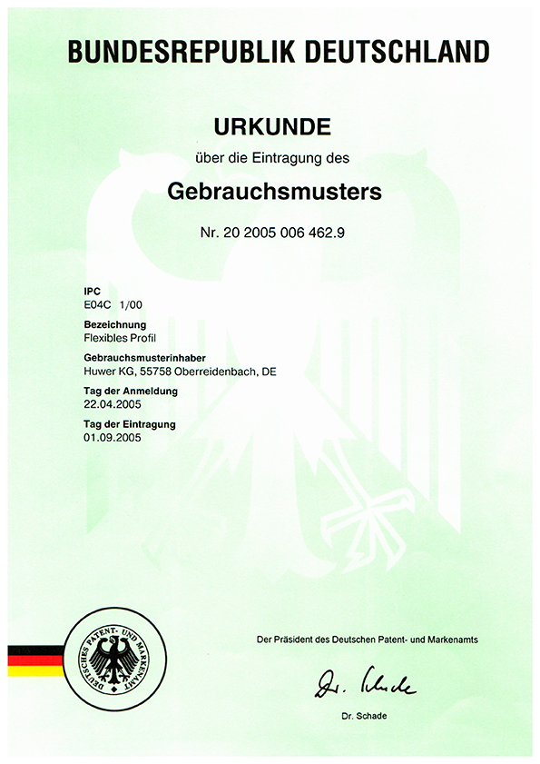 Urkunde über die Eintragung des Gebrauchsmusters für das von der MaSch-Tec GmbH entwickelte flexible Sinus-Profil.